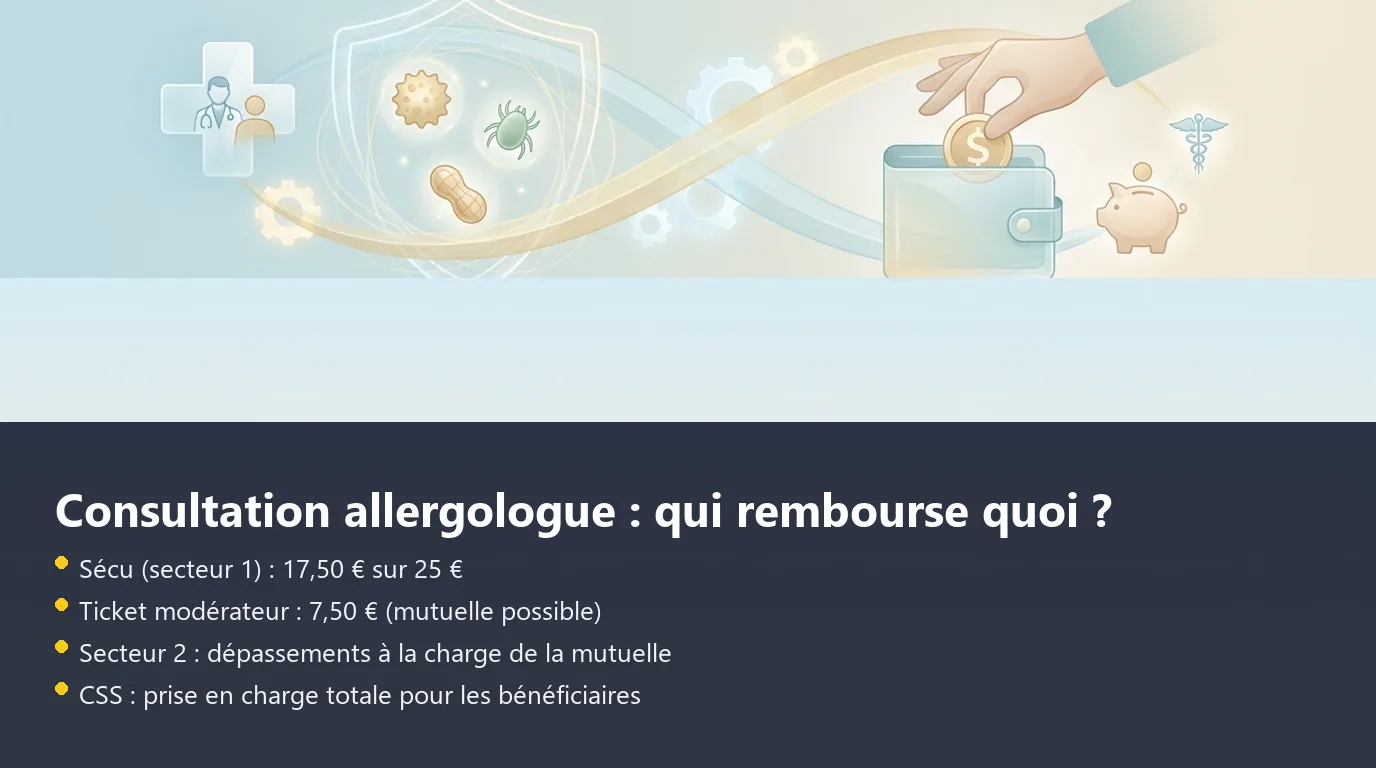 Schéma de la décomposition du remboursement d'une consultation allergologue entre Sécu, mutuelle et reste à charge