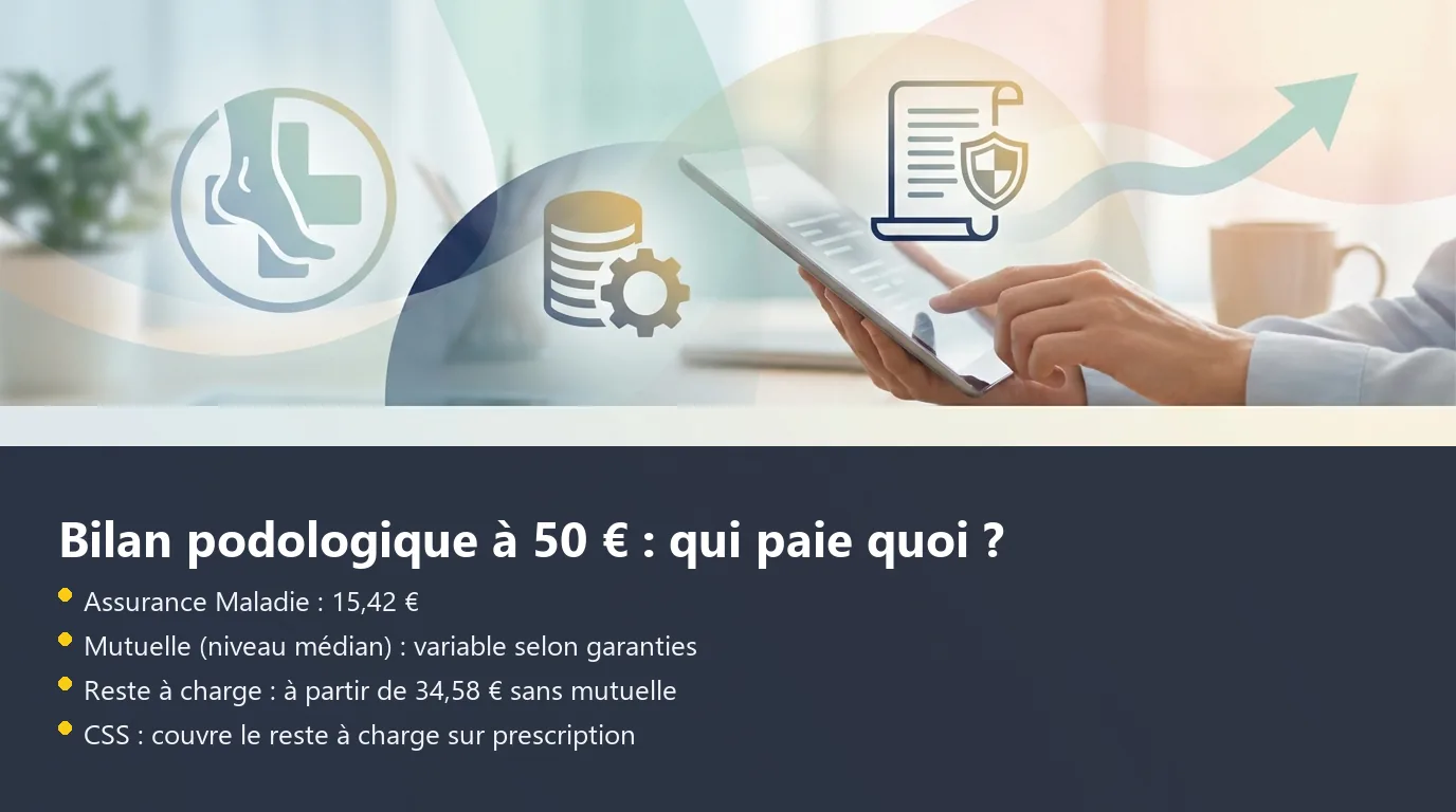 Infographie décomposant le remboursement d'un bilan podologique à 50 € entre Assurance Maladie, mutuelle et reste à charge