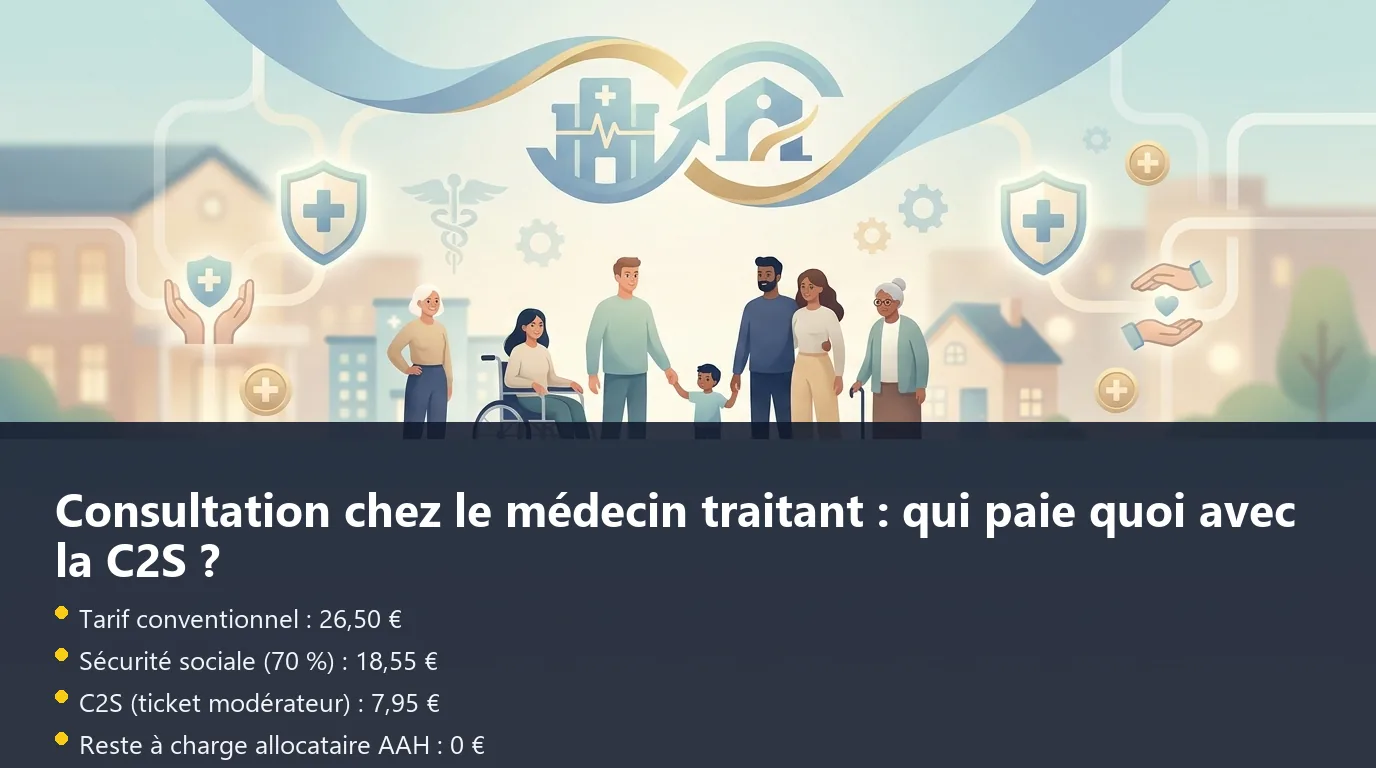 Schéma de décomposition du remboursement d'une consultation chez le médecin traitant pour un allocataire AAH bénéficiant de la C2S