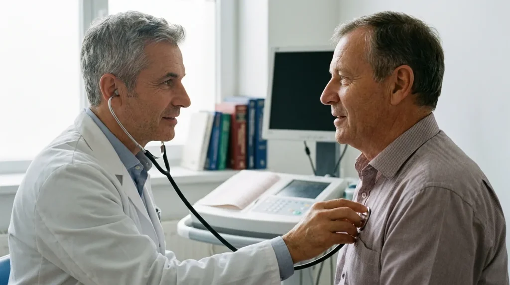 Cardiologue en consultation avec un patient, stéthoscope et matériel ECG visibles en arrière-plan