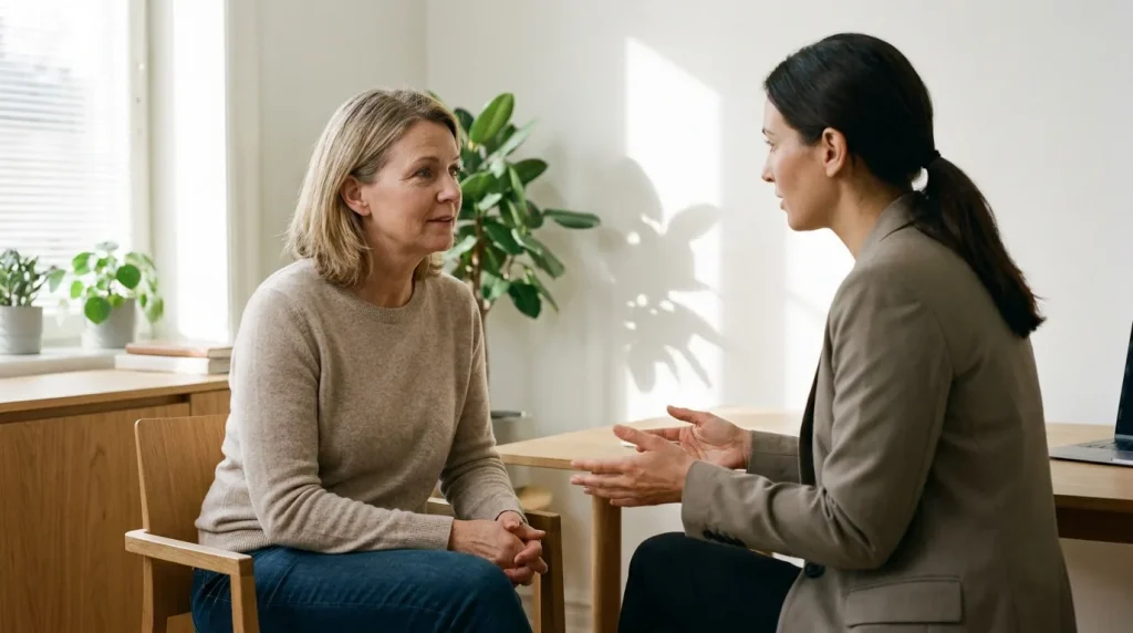 Personne en consultation avec un médecin spécialiste dans un cabinet sobre et bienveillant