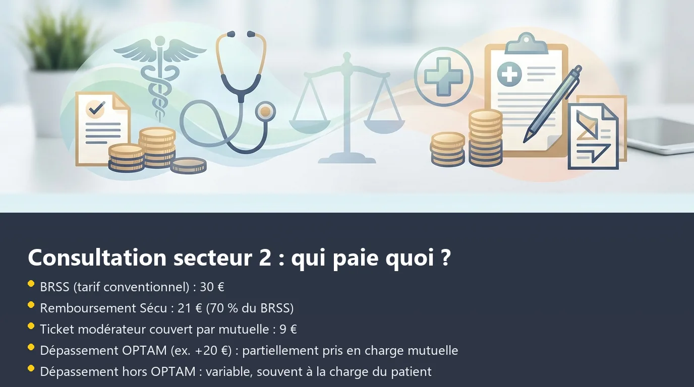 Infographie décomposant le remboursement d'une consultation secteur 2 entre Sécurité sociale, mutuelle et reste à charge selon l'OPTAM