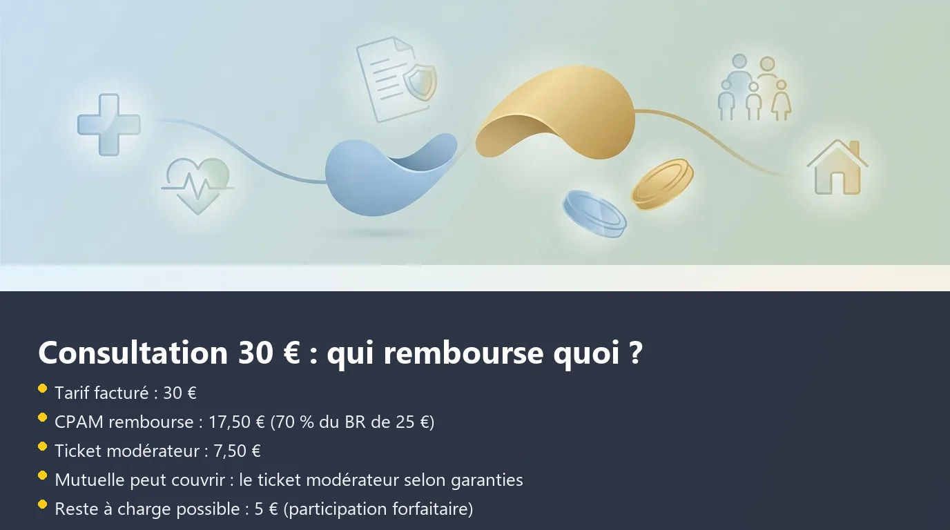 Schéma de répartition du remboursement d'une consultation de 30 euros entre la CPAM et la mutuelle