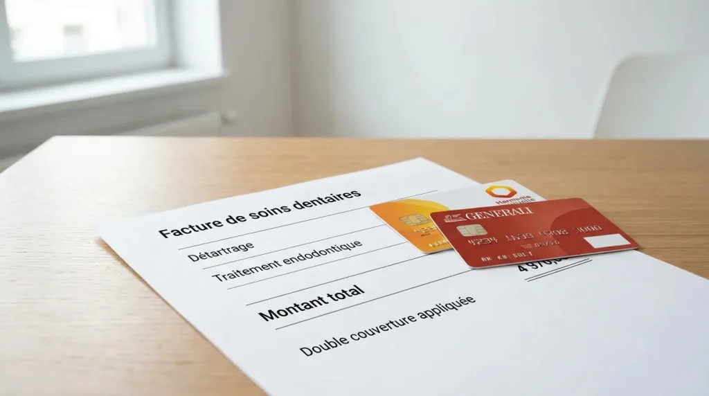 Facture dentaire posée à côté de deux cartes de mutuelle sur un bureau, symbolisant la double couverture santé