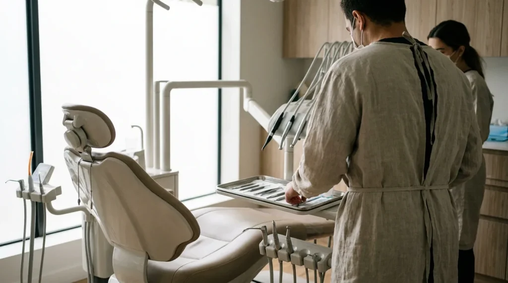 Fauteuil dentaire et instruments de soins dans une salle de consultation, lumière naturelle sobre