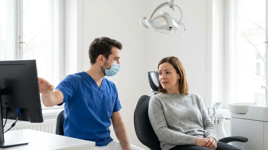 Dentiste réalisant un détartrage sur un patient adulte dans un cabinet lumineux