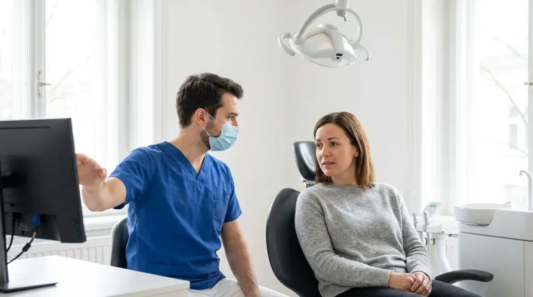 Dentiste réalisant un détartrage sur un patient adulte dans un cabinet lumineux