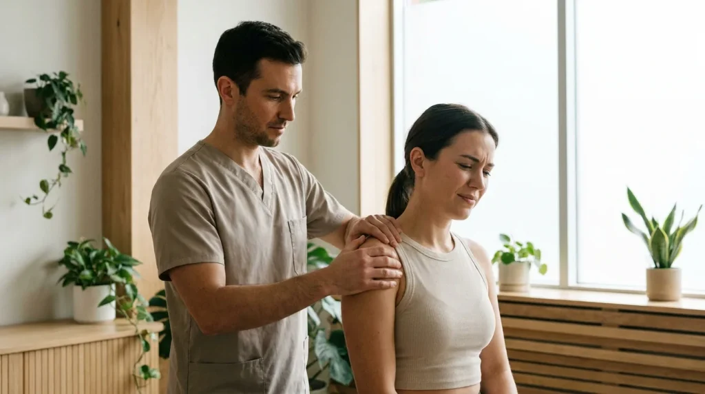 Kinésithérapeute travaillant sur l'épaule d'un patient en cabinet, lumière naturelle