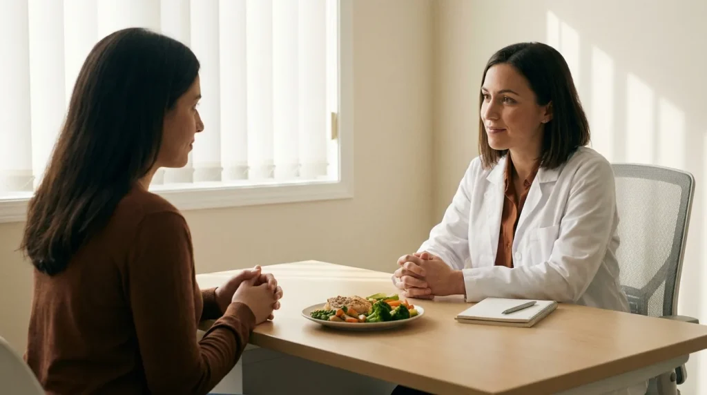 Consultation chez un nutritionniste avec carnet de notes et assiette équilibrée sur le bureau
