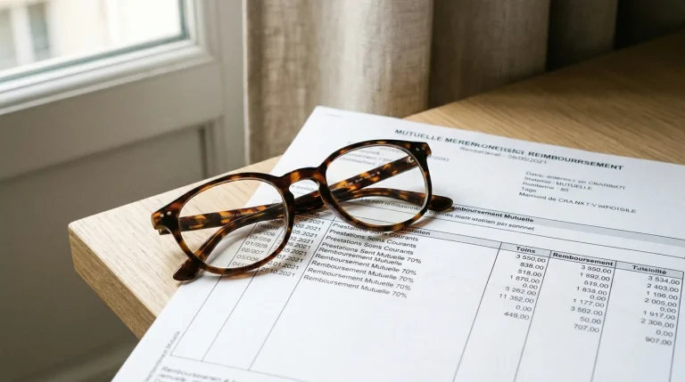Paire de lunettes posée sur un décompte de remboursement mutuelle, fond neutre