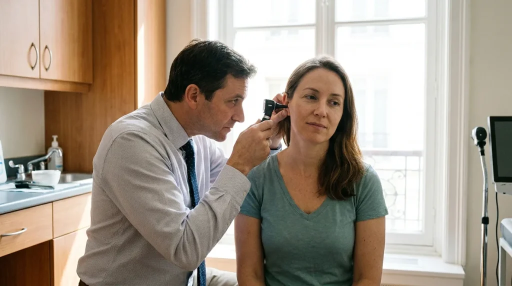 Médecin ORL examinant l'oreille d'un patient adulte en cabinet médical