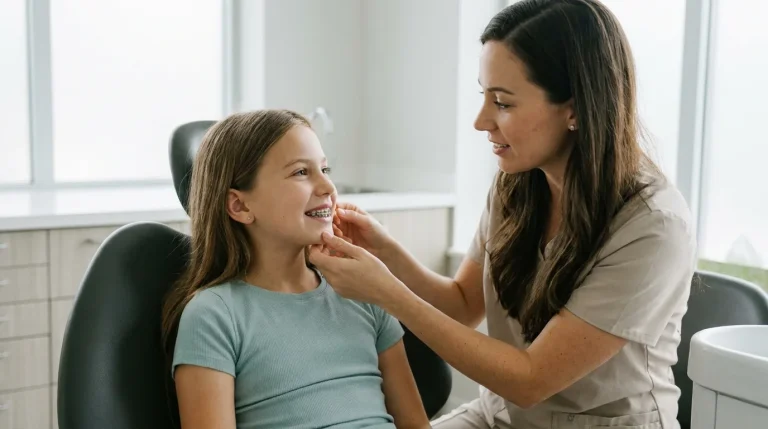 Enfant en consultation chez l'orthodontiste avec un appareil dentaire visible