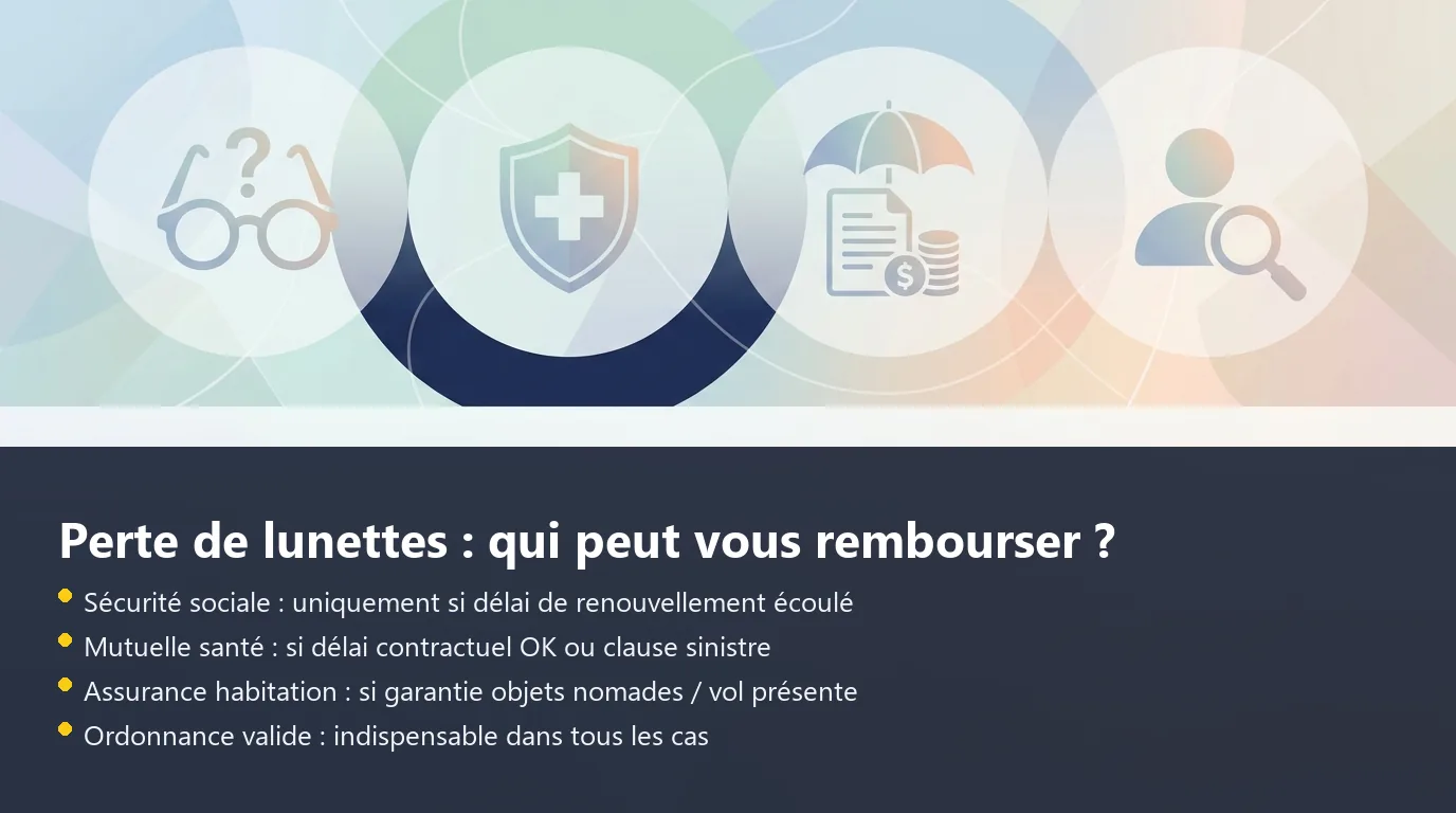Infographie présentant les trois acteurs du remboursement en cas de perte de lunettes : Sécurité sociale, mutuelle santé et assurance habitation