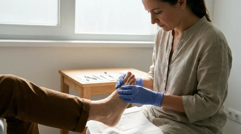 Pédicure-podologue examinant le pied d'un patient en cabinet, lumière naturelle sobre