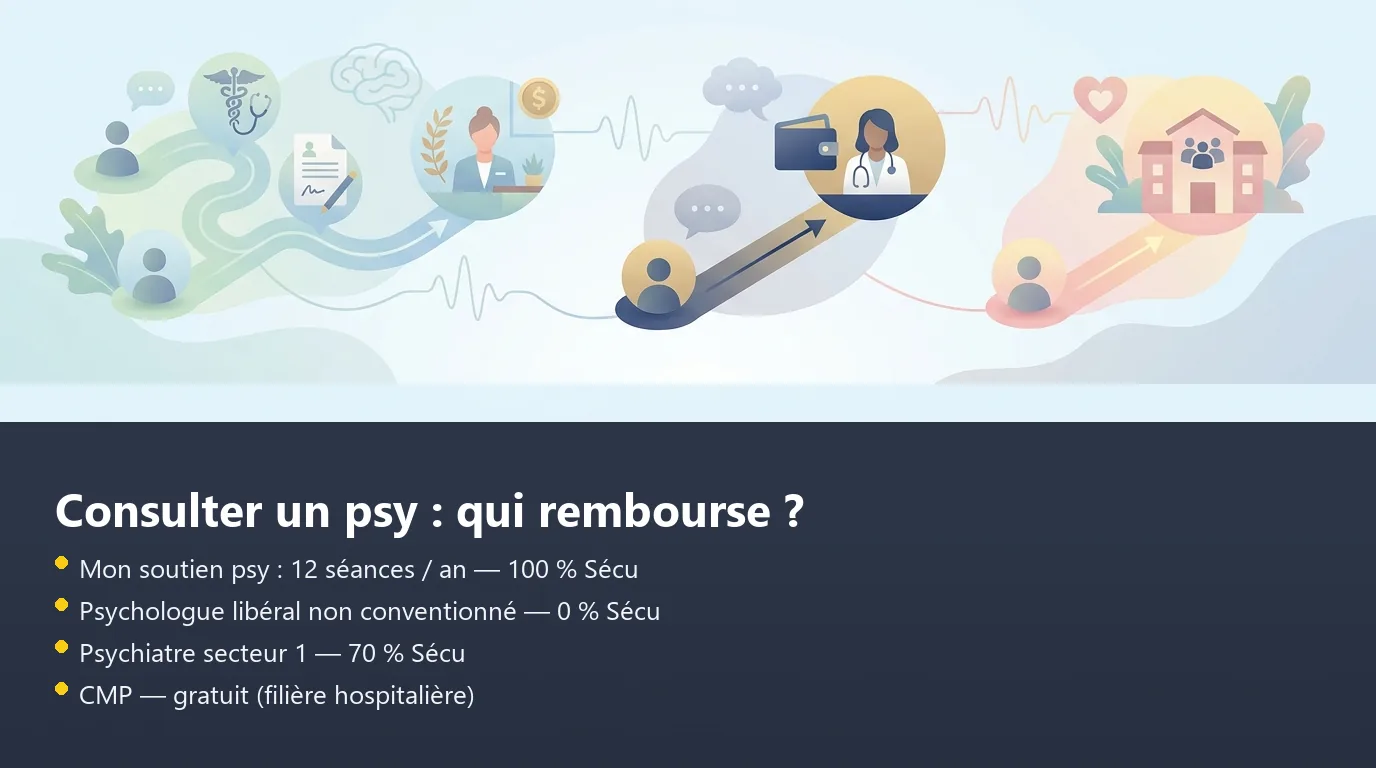 Schéma des voies d'accès à un psychologue remboursé : Mon soutien psy, consultation libre, CMP et psychiatre