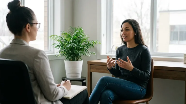 Personne en consultation chez un professionnel de santé mentale dans un bureau sobre avec carnet et plante verte