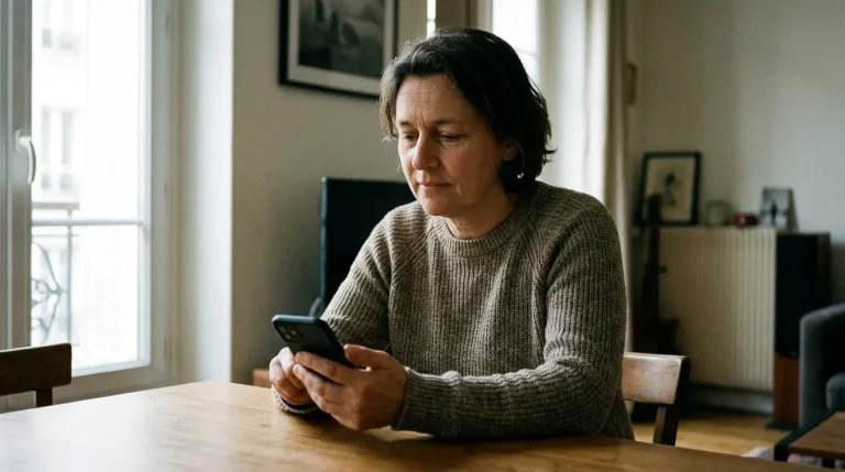 Personne consultant son relevé de remboursement Sécurité sociale sur smartphone dans un intérieur lumineux