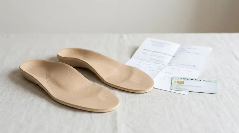 Paire de semelles orthopédiques sur mesure posée à côté d'une ordonnance médicale et d'une carte de mutuelle