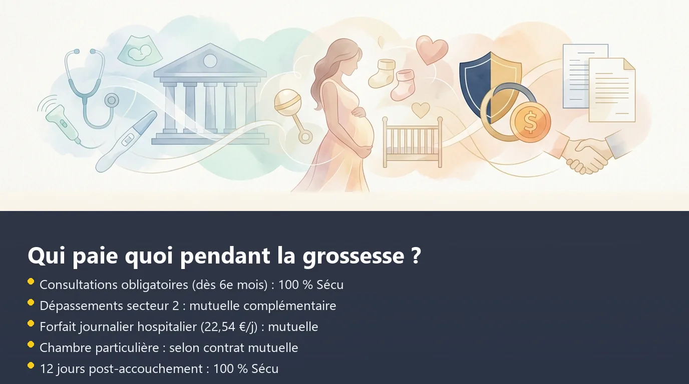 Infographie de répartition des frais de grossesse entre Sécurité sociale et mutuelle complémentaire