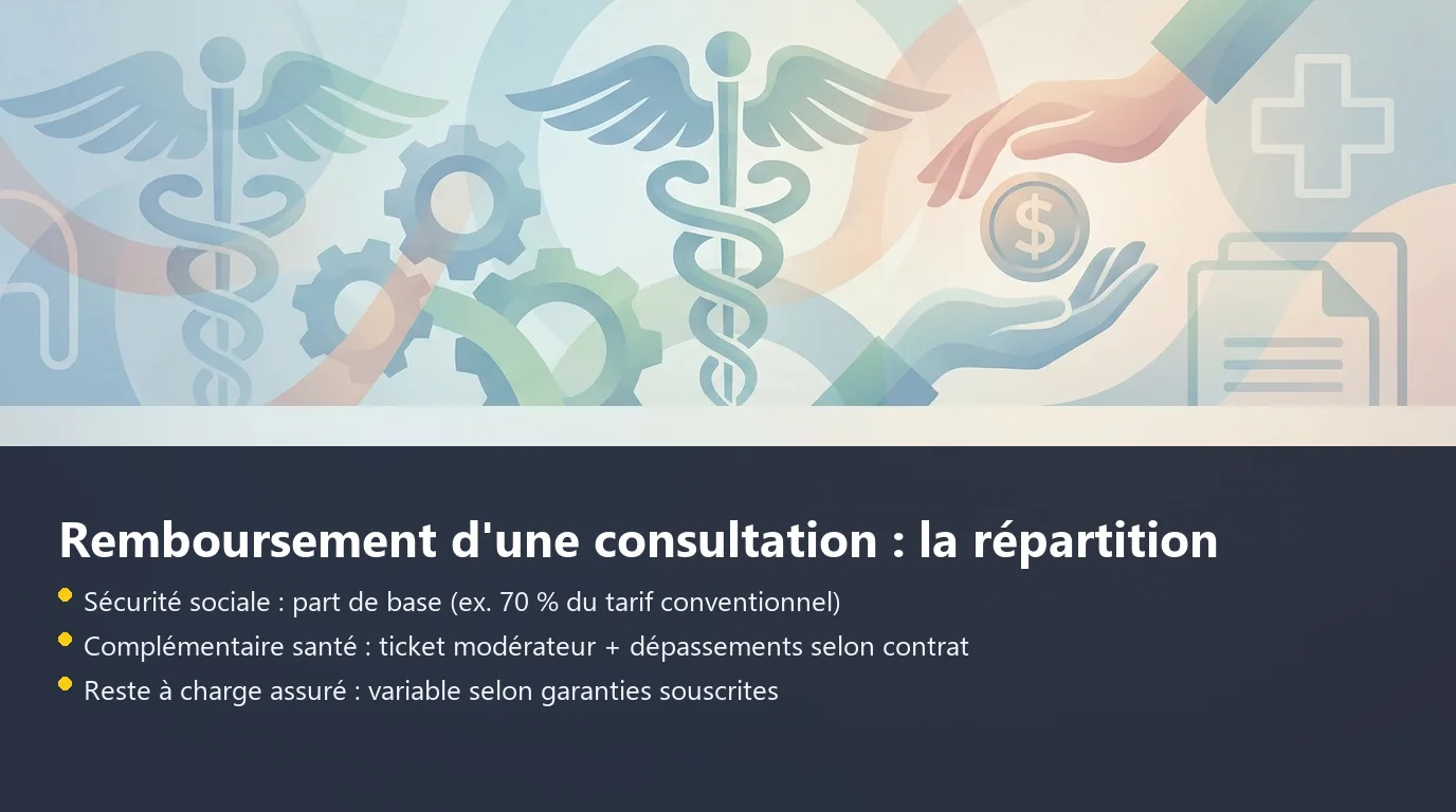 Schéma de répartition du remboursement d'une consultation entre Sécurité sociale, complémentaire santé et reste à charge