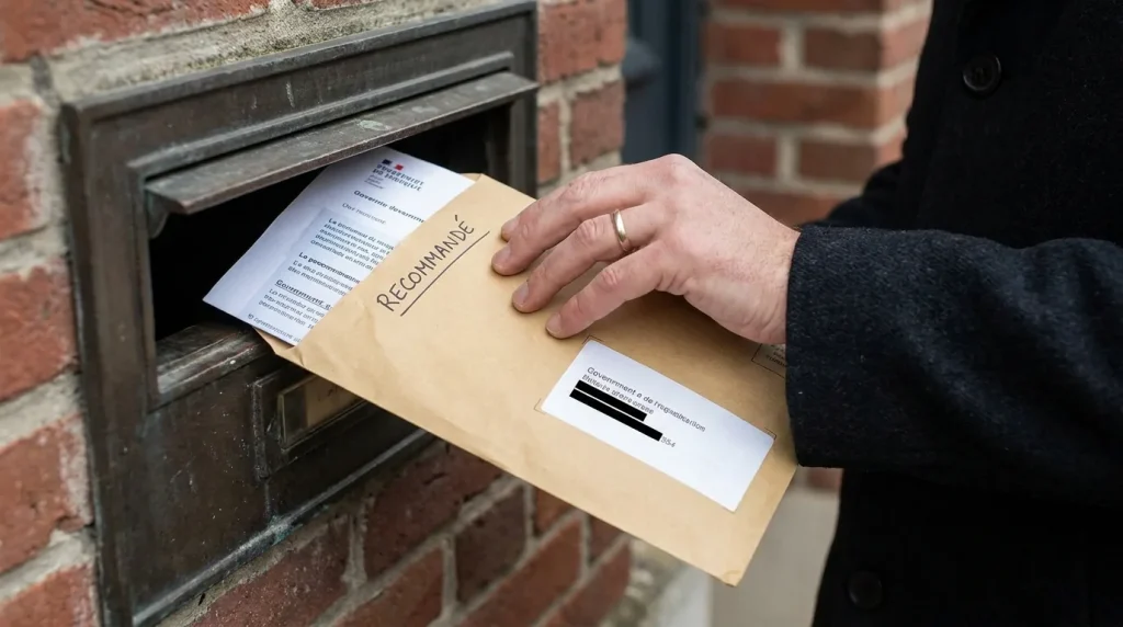 Main déposant une enveloppe recommandée dans une boîte aux lettres avec un document administratif visible