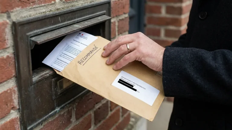 Main déposant une enveloppe recommandée dans une boîte aux lettres avec un document administratif visible