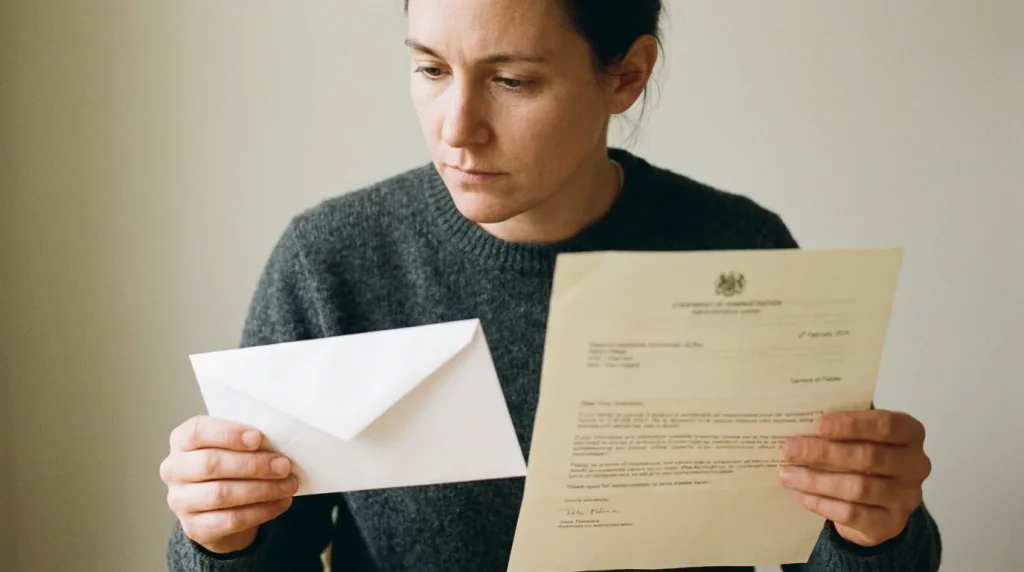 Personne tenant une lettre administrative et une enveloppe lors d'une démarche de résiliation de mutuelle