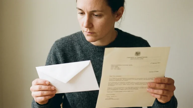 Personne tenant une lettre administrative et une enveloppe lors d'une démarche de résiliation de mutuelle