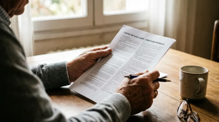 Personne consultant un document de contrat mutuelle à son bureau, stylo en main