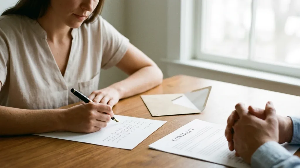 Personne rédigeant une lettre de résiliation de mutuelle sur une table, enveloppe et contrat visibles