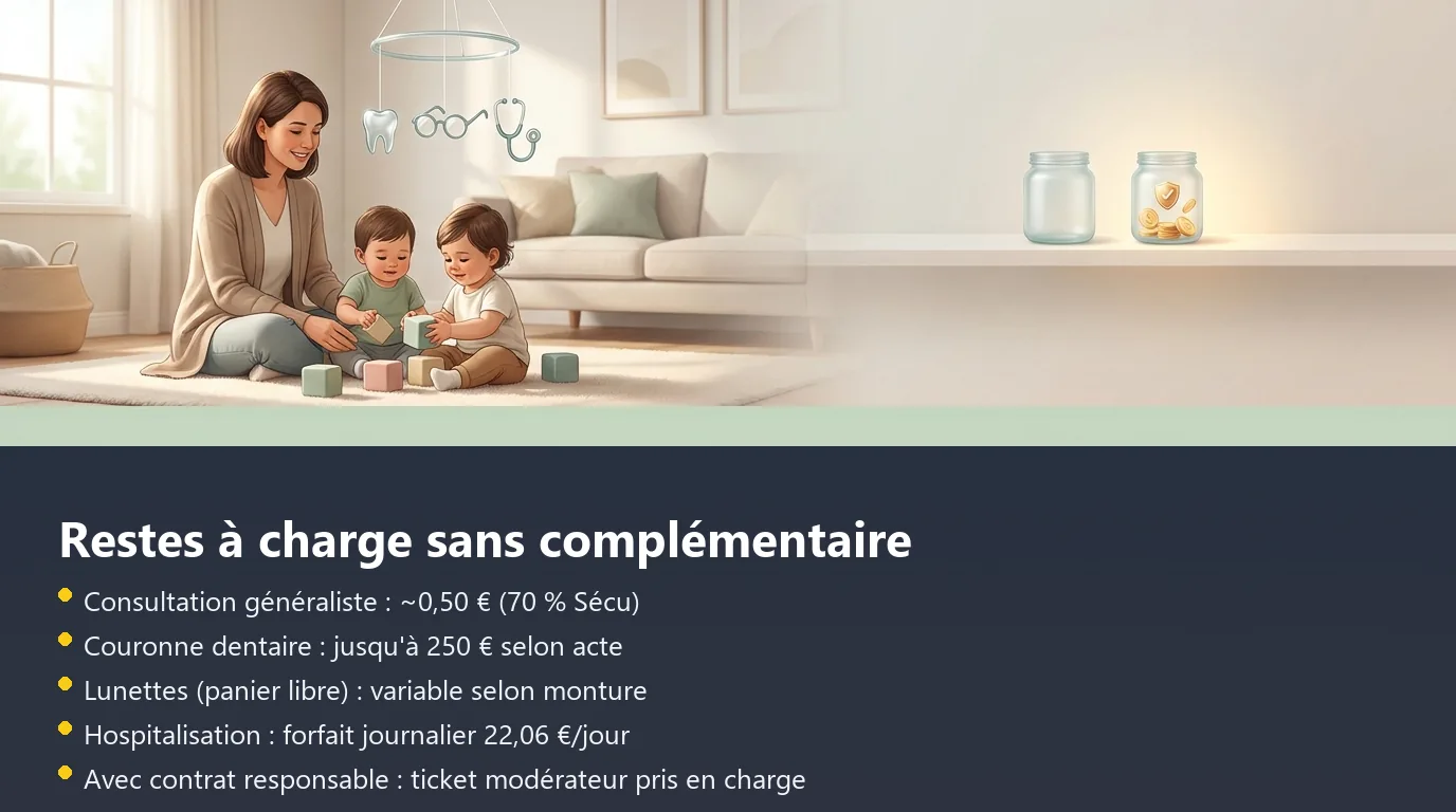 Infographie des restes à charge sans mutuelle pour une assistante maternelle : dentaire, optique, hospitalisation