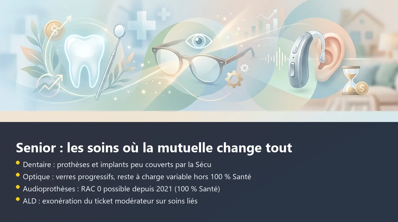 Infographie présentant les trois postes de reste à charge les plus lourds pour les seniors : dentaire, optique et audioprothèse