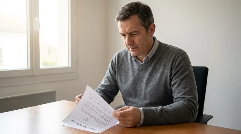 Salarié consultant un document administratif de résiliation de mutuelle à son bureau