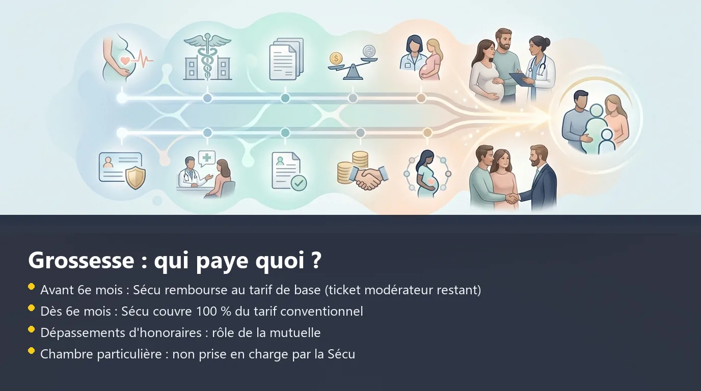 Schéma comparatif de la prise en charge grossesse par la Sécurité sociale et la mutuelle selon la période