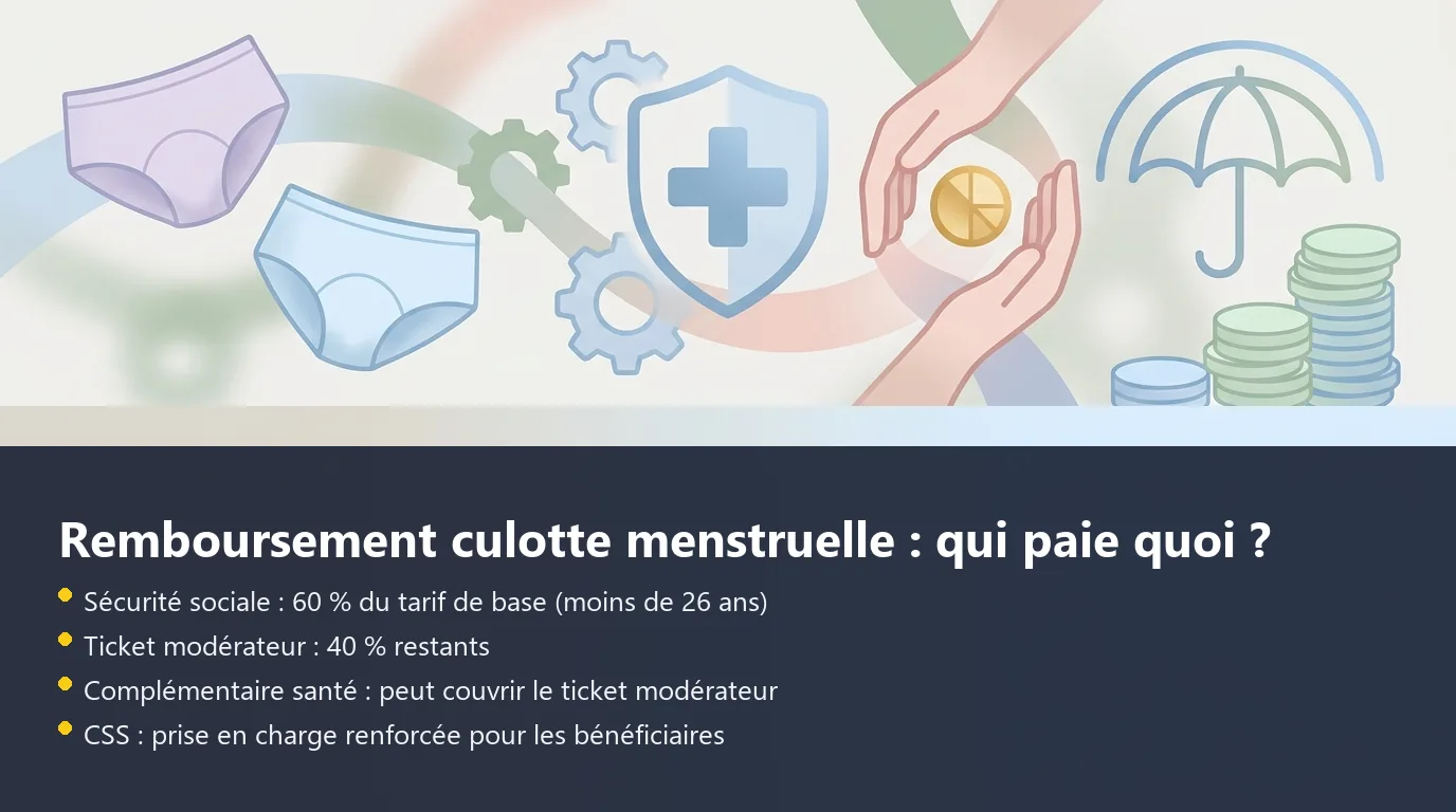 Schéma de répartition du remboursement d'une culotte menstruelle entre Sécurité sociale, ticket modérateur et mutuelle