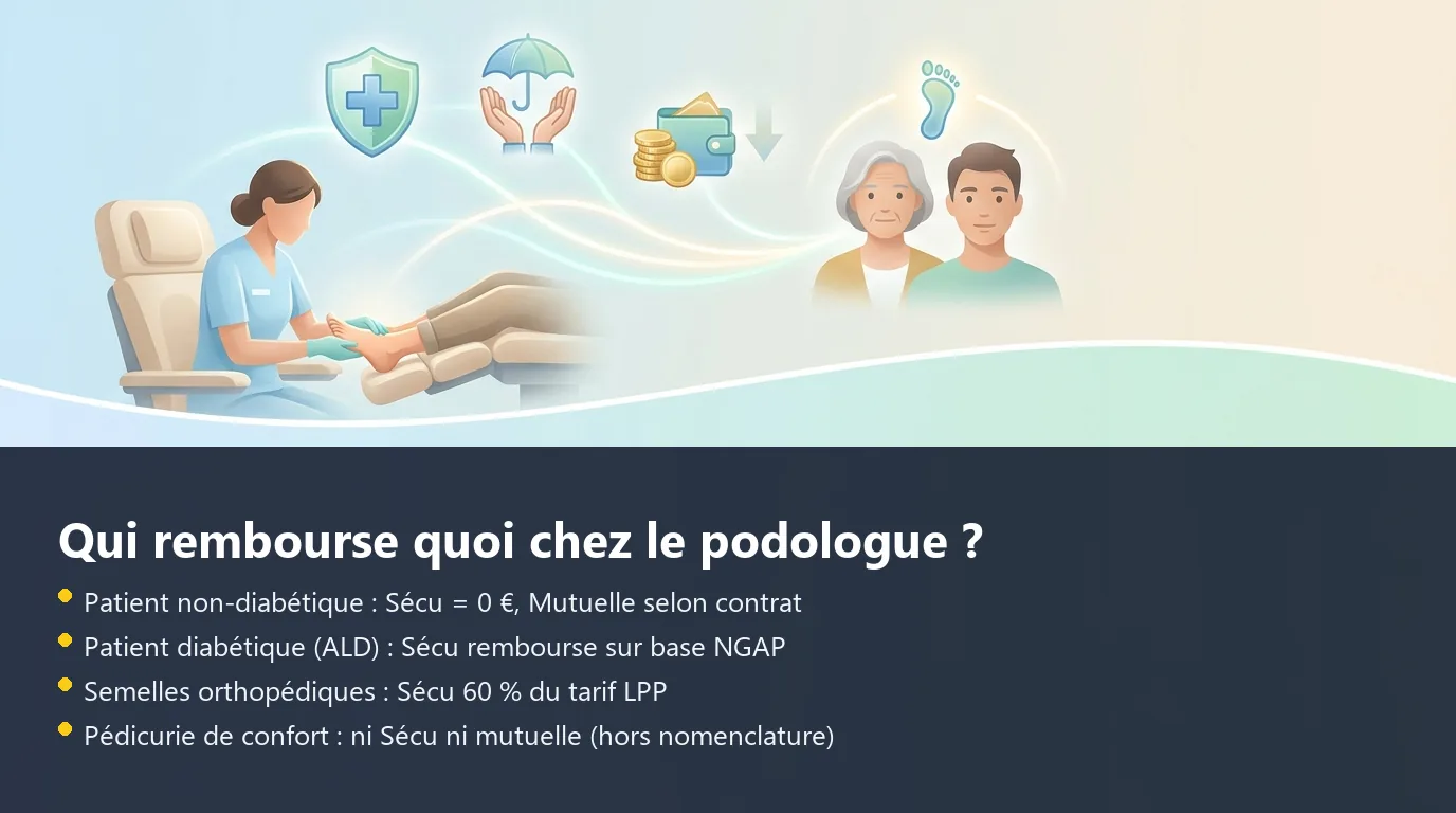 Schéma de prise en charge d'une séance podologue selon le profil du patient : diabétique, non-diabétique, semelles