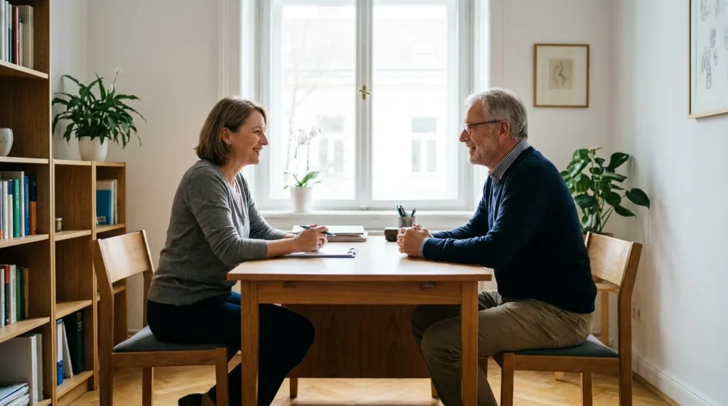 Patient et médecin en consultation dans un cabinet médical sobre, échange chaleureux