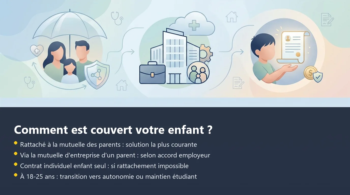 Schéma des trois situations de couverture mutuelle d'un enfant : rattachement parental, mutuelle entreprise, contrat individuel