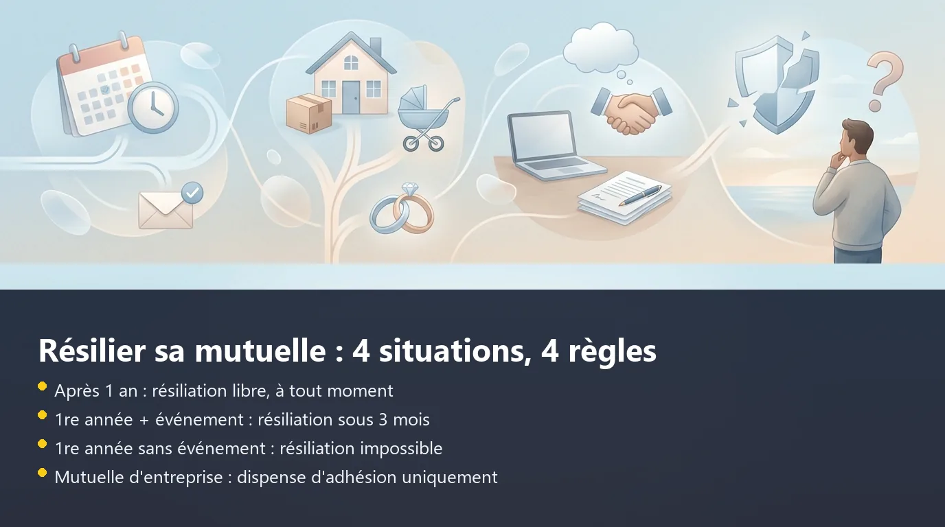 Schéma des 4 situations de résiliation d'une mutuelle et leurs conditions selon la loi