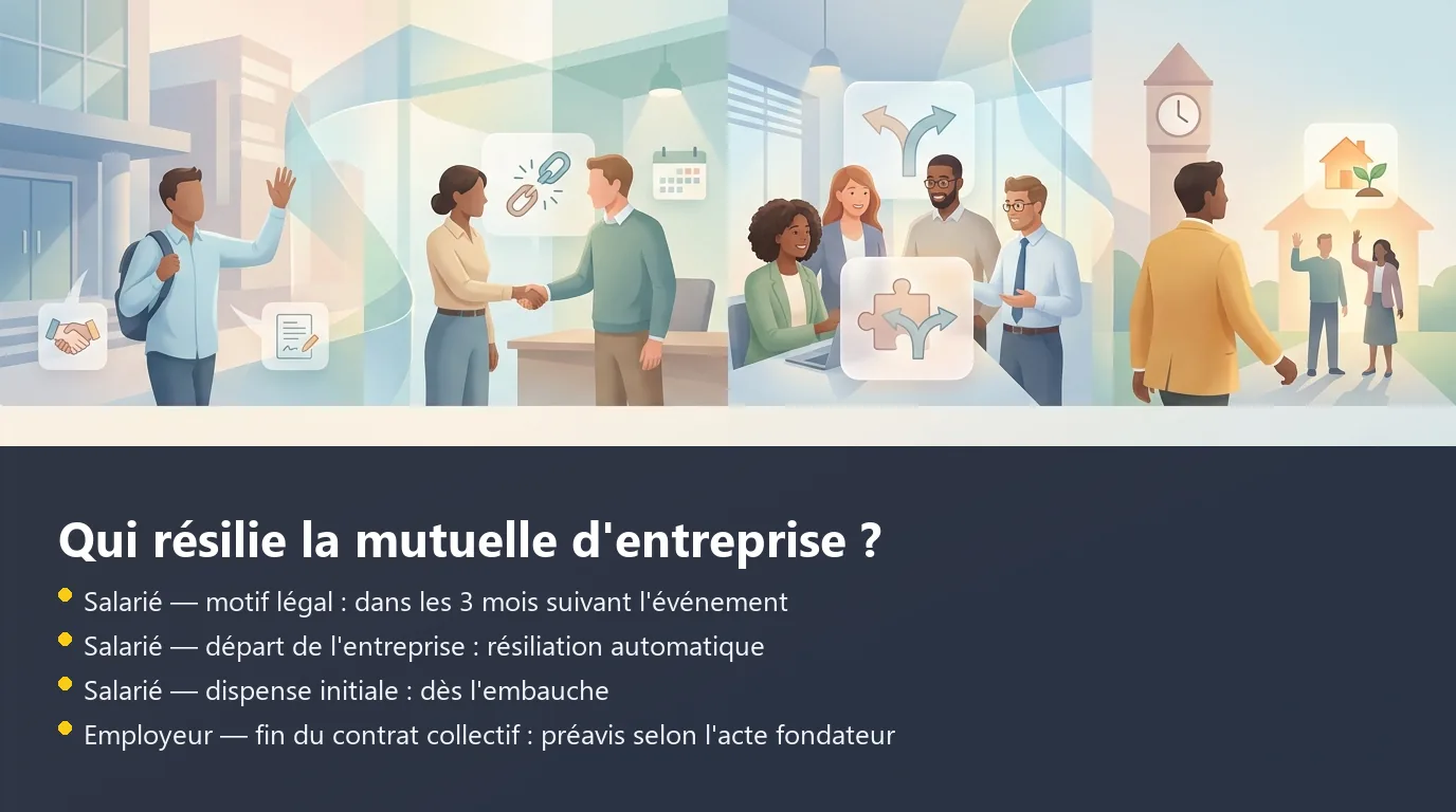Schéma des quatre situations de résiliation de mutuelle d'entreprise selon l'acteur concerné
