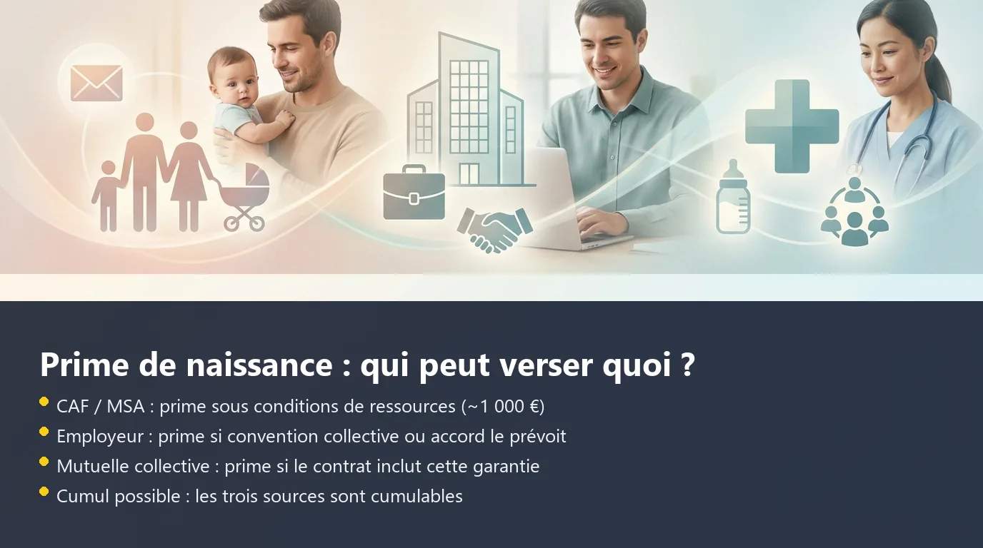 Schéma des trois sources de prime de naissance : CAF, employeur et mutuelle collective