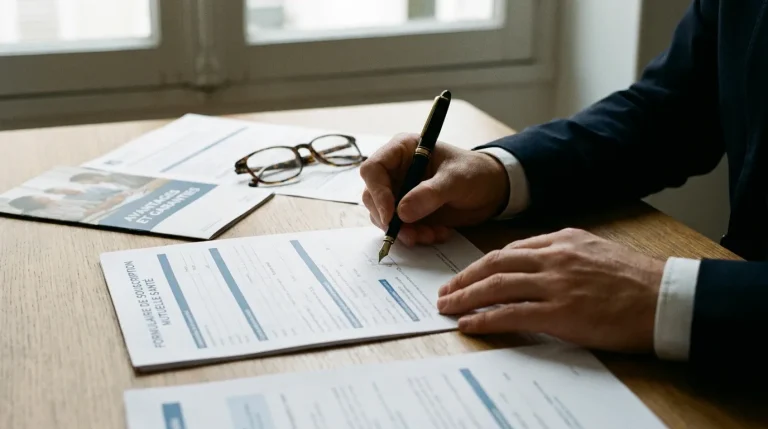 Mains signant un formulaire de souscription de mutuelle santé posé sur une table