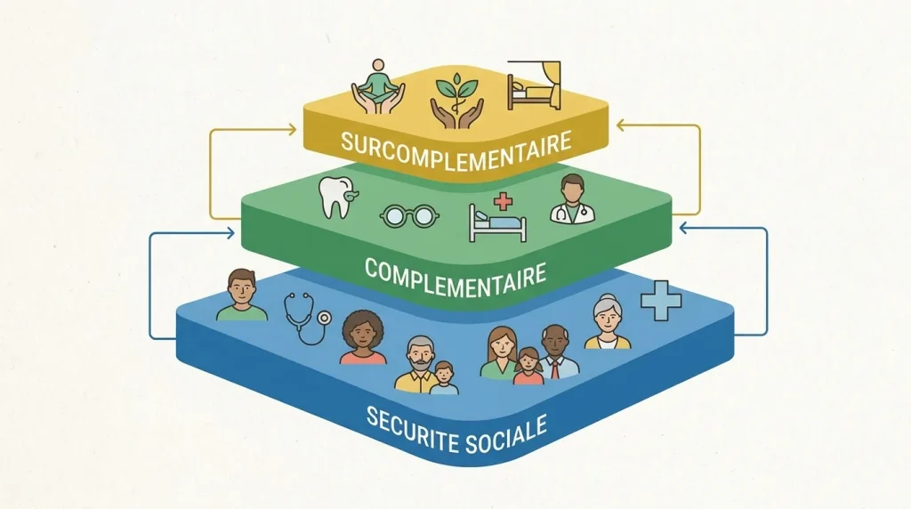 Schéma des trois niveaux de couverture santé : Sécurité sociale, complémentaire et surcomplémentaire empilés