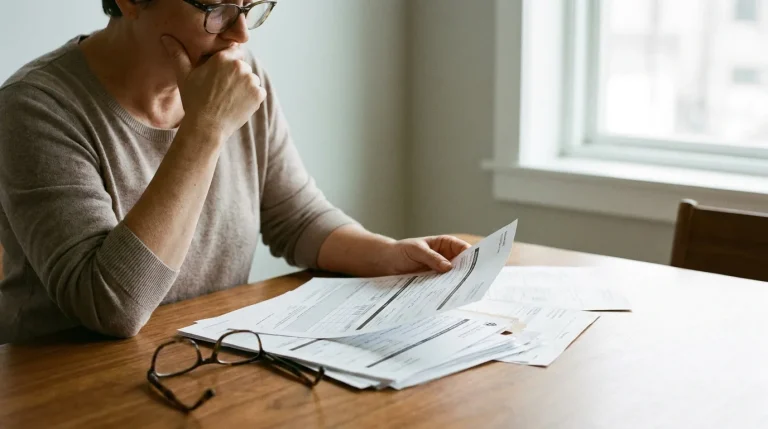 Personne examinant des documents de remboursement santé à une table, lunettes posées à côté