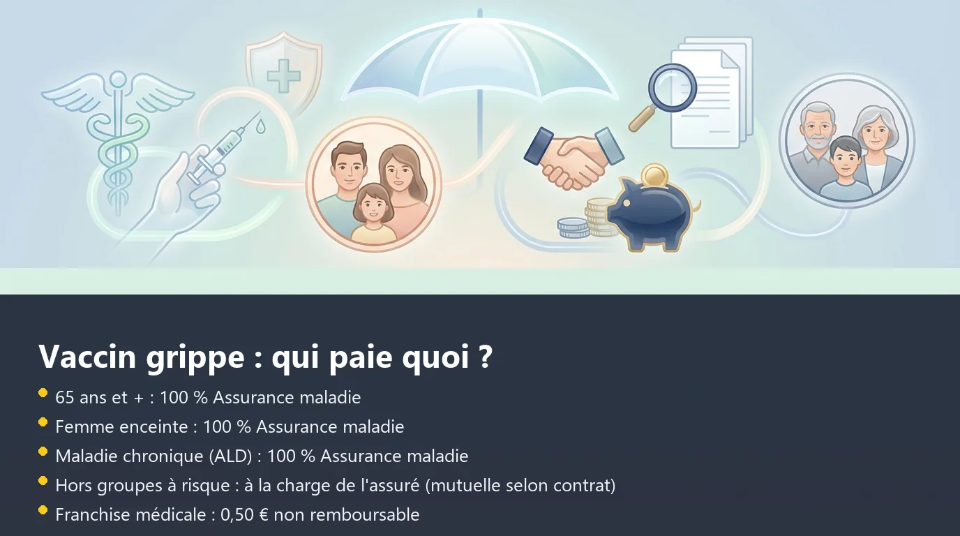 Infographie synthétisant la prise en charge du vaccin grippe par la Sécurité sociale et la mutuelle selon le profil de l'assuré