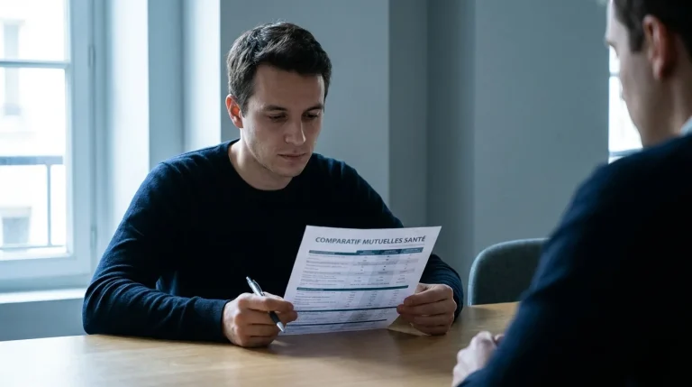 Personne consultant un document de comparaison de mutuelles santé sur une table, stylo à la main