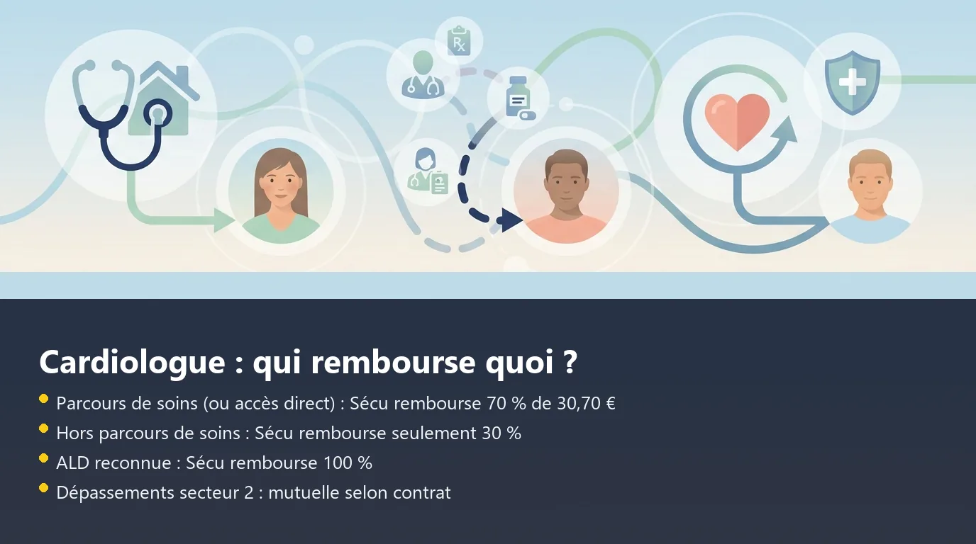 Infographie des taux de remboursement Sécu pour une consultation cardiologue selon le parcours de soins, l'accès direct et le statut ALD
