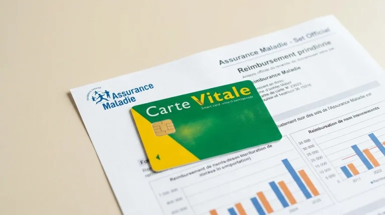 Carte Vitale posée sur un décompte de remboursement de l'Assurance Maladie