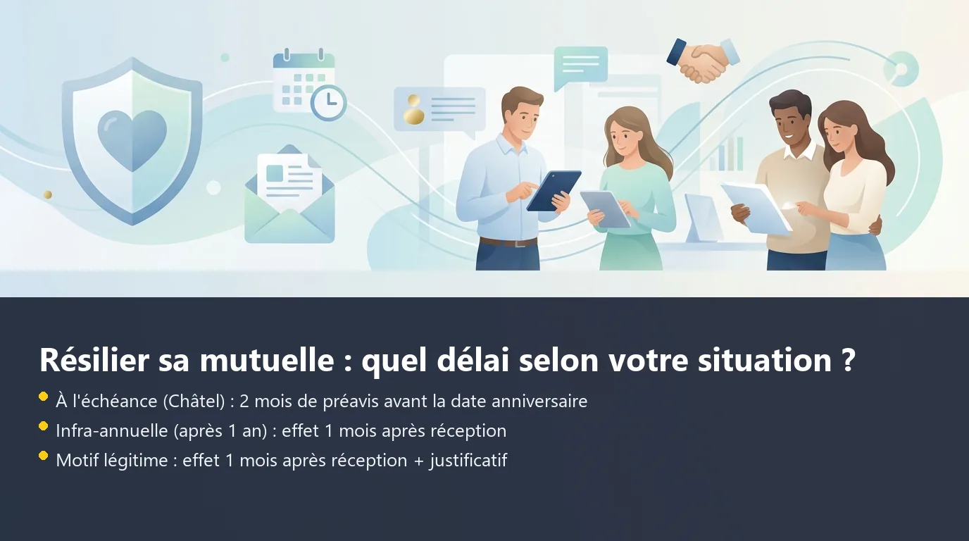 Infographie des trois situations de résiliation de mutuelle avec délais et procédure applicables