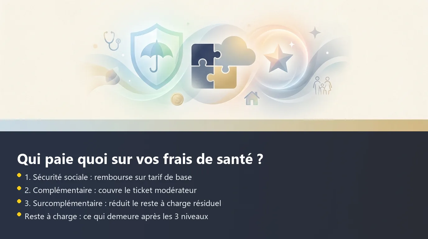 Schéma des trois niveaux de couverture santé en France : Sécurité sociale, complémentaire et surcomplémentaire